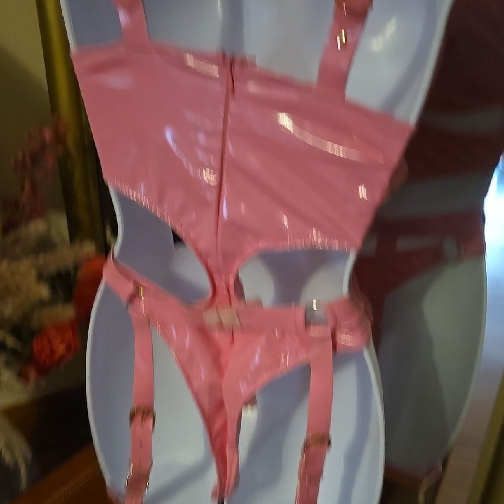 Foreplay BDSM Wet Look Pink Strappy Lingerie Set - Picture 5 of 8
